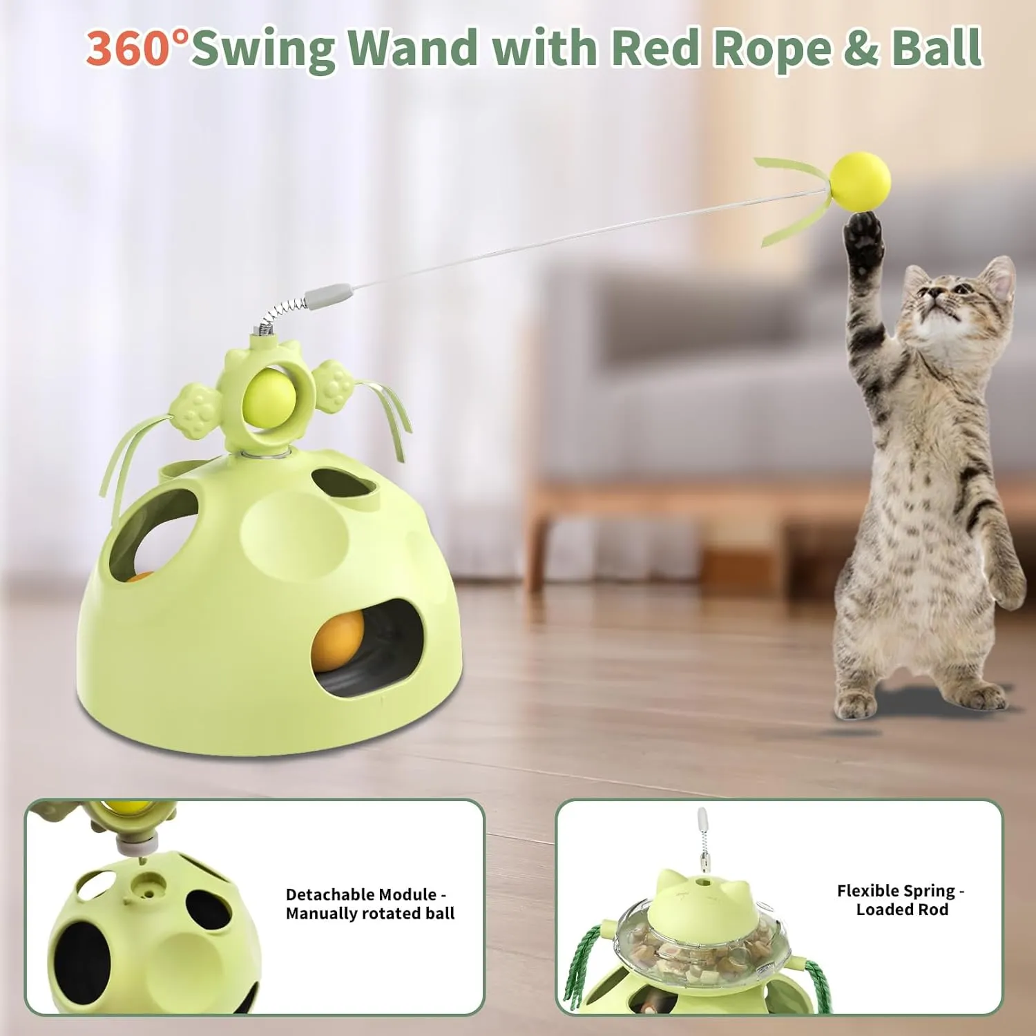 Interactive Cat Toy for Indoor Cats, 4-in-1 Modular Design with Treats Puzzle Slow Feeder, Cat Teaser Wand, Ball Maze & Spinning Ball | Kitten Enrichment Toys for Indoor