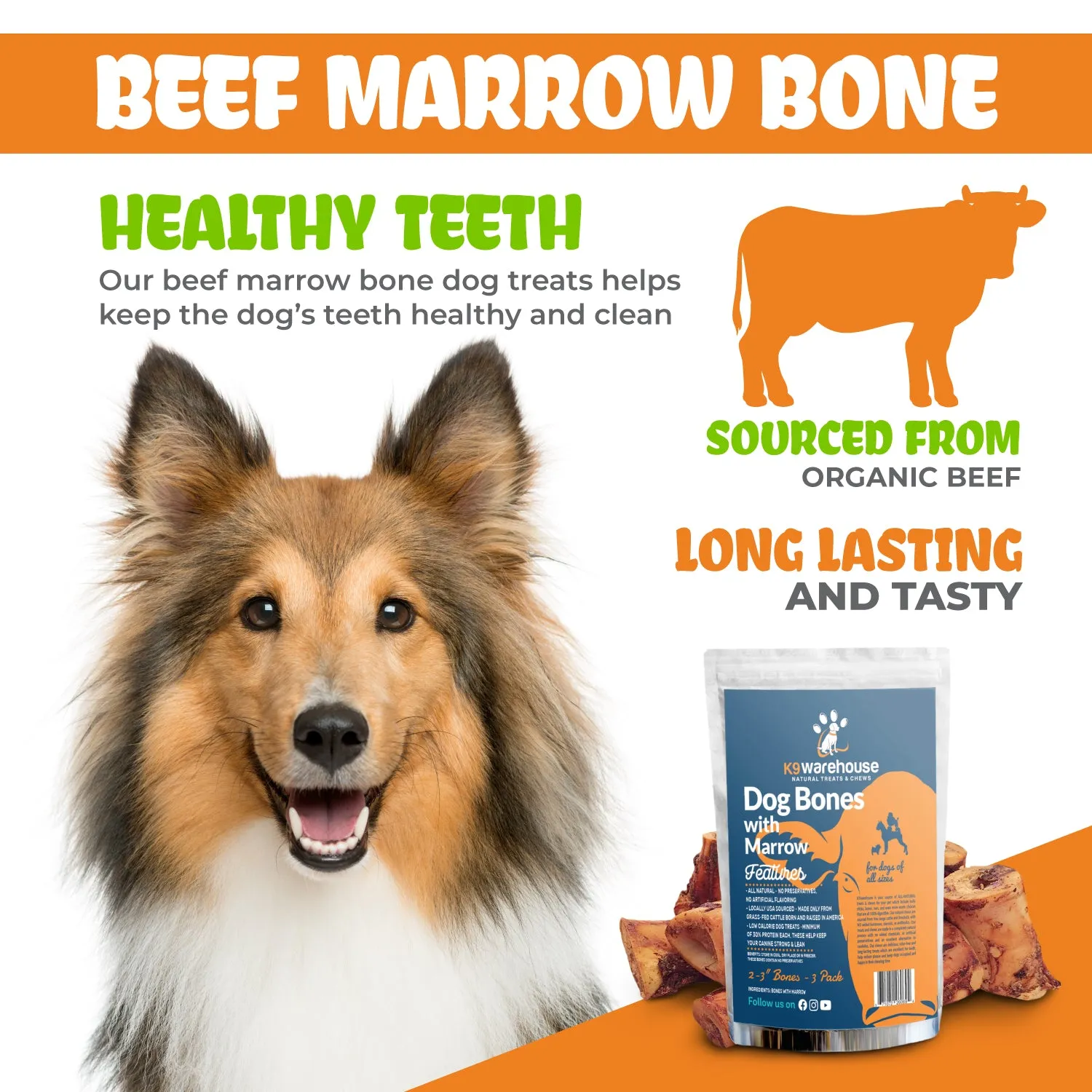K9warehouse Beef Stuffed Marrow Dog Bones - 3 pack - 3 inch