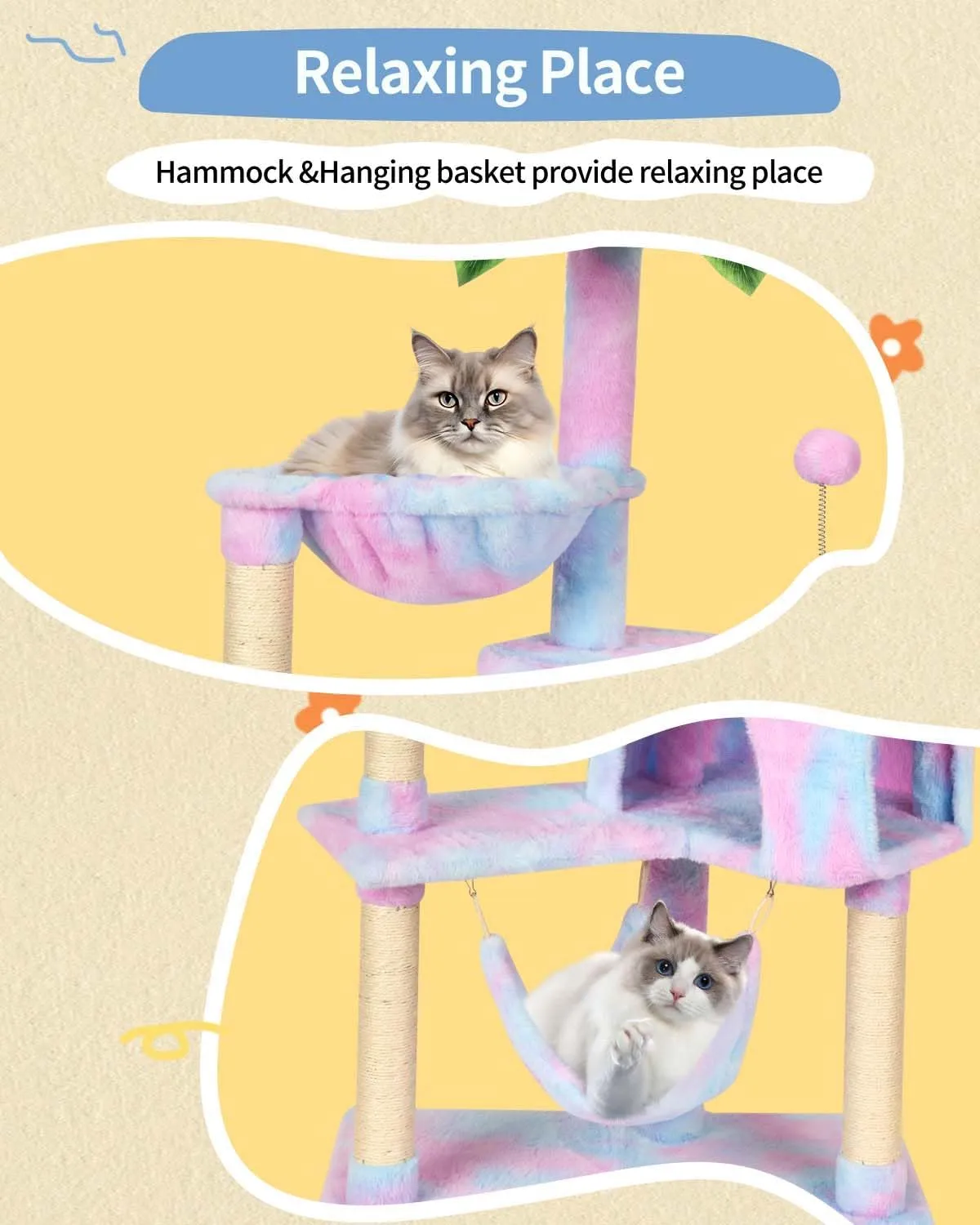 KIYUMI Cat Tree Cat Tower Condo with Sisal Scratching Post for Indoor Cats Tree Furniture with Hammock Perch and Kitten Ball Toys, Multi-Level Pet Activity Center (Rainbow)