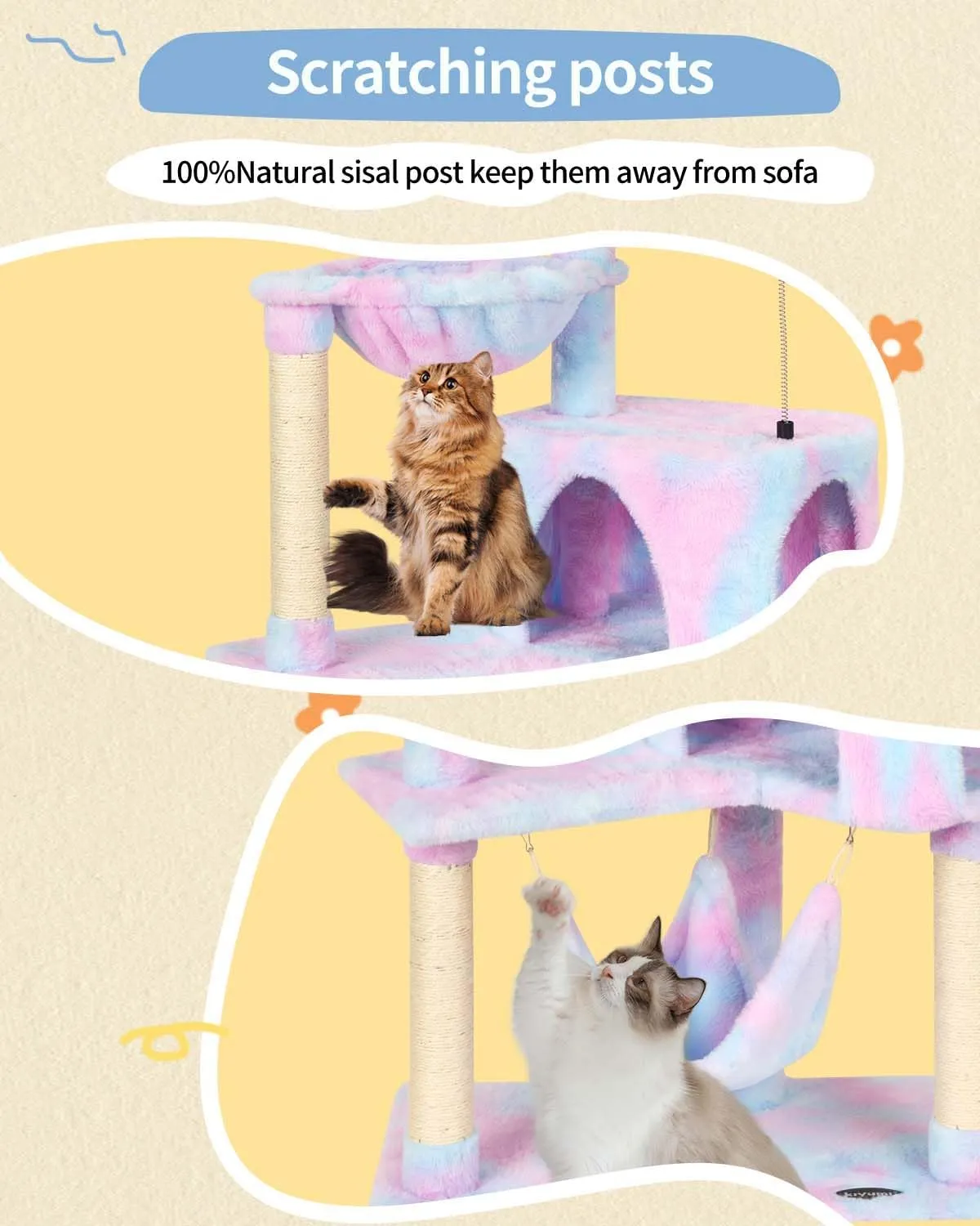 KIYUMI Cat Tree Cat Tower Condo with Sisal Scratching Post for Indoor Cats Tree Furniture with Hammock Perch and Kitten Ball Toys, Multi-Level Pet Activity Center (Rainbow)