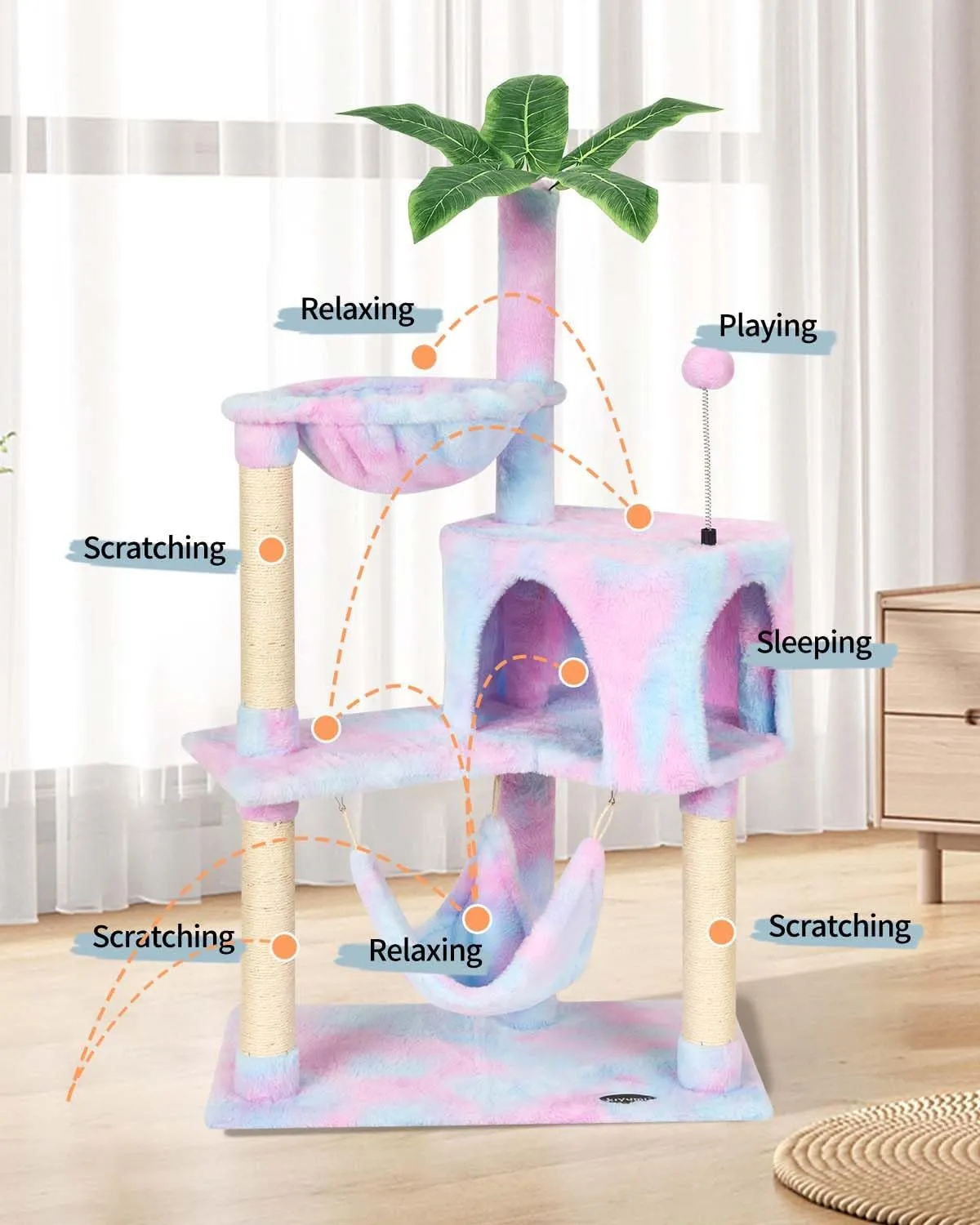 KIYUMI Cat Tree Cat Tower Condo with Sisal Scratching Post for Indoor Cats Tree Furniture with Hammock Perch and Kitten Ball Toys, Multi-Level Pet Activity Center (Rainbow)