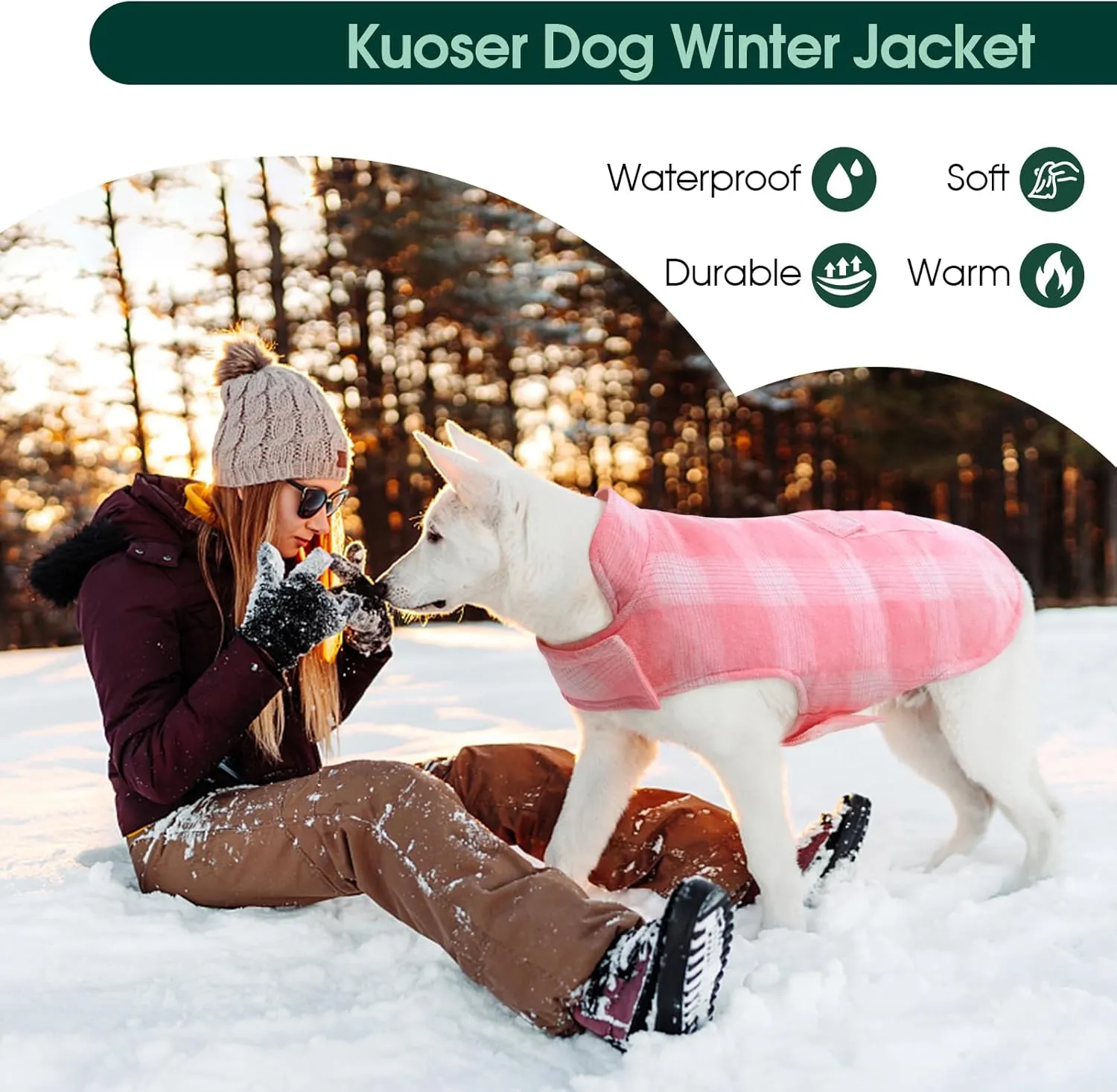Kuoser Reversible Dog Jacket, Warm Winter Coat, British Style Puppy Coat, Windproof Dog Clothes Vest for Small, Medium & Large Dogs - Pink