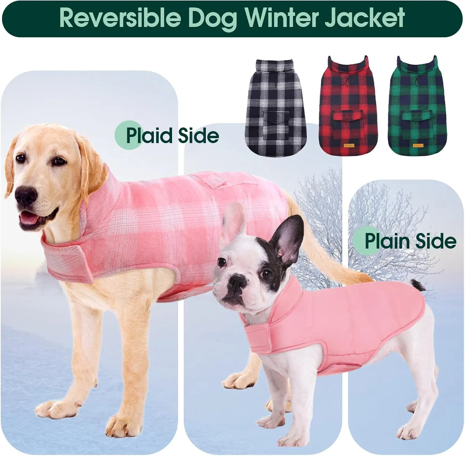Kuoser Reversible Dog Jacket, Warm Winter Coat, British Style Puppy Coat, Windproof Dog Clothes Vest for Small, Medium & Large Dogs - Pink