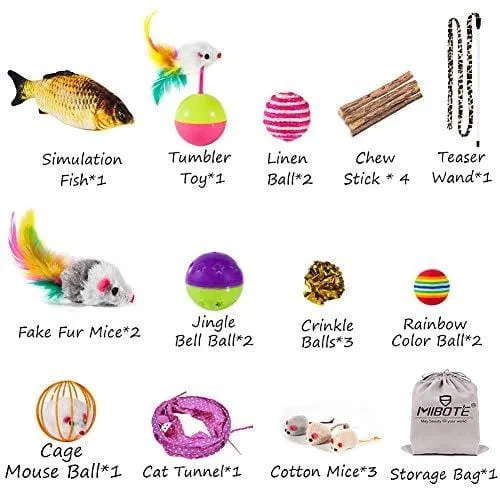 MIBOTE 24Pcs Cat Toys Kitten Catnip Toys Assorted, 2 Way Tunnel, Fish, Interactive Feather Teaser, Fluffy Mouse, Tumble Cage Mice, Crinkle Rainbow Balls Bells Toys for Puppy Kitty