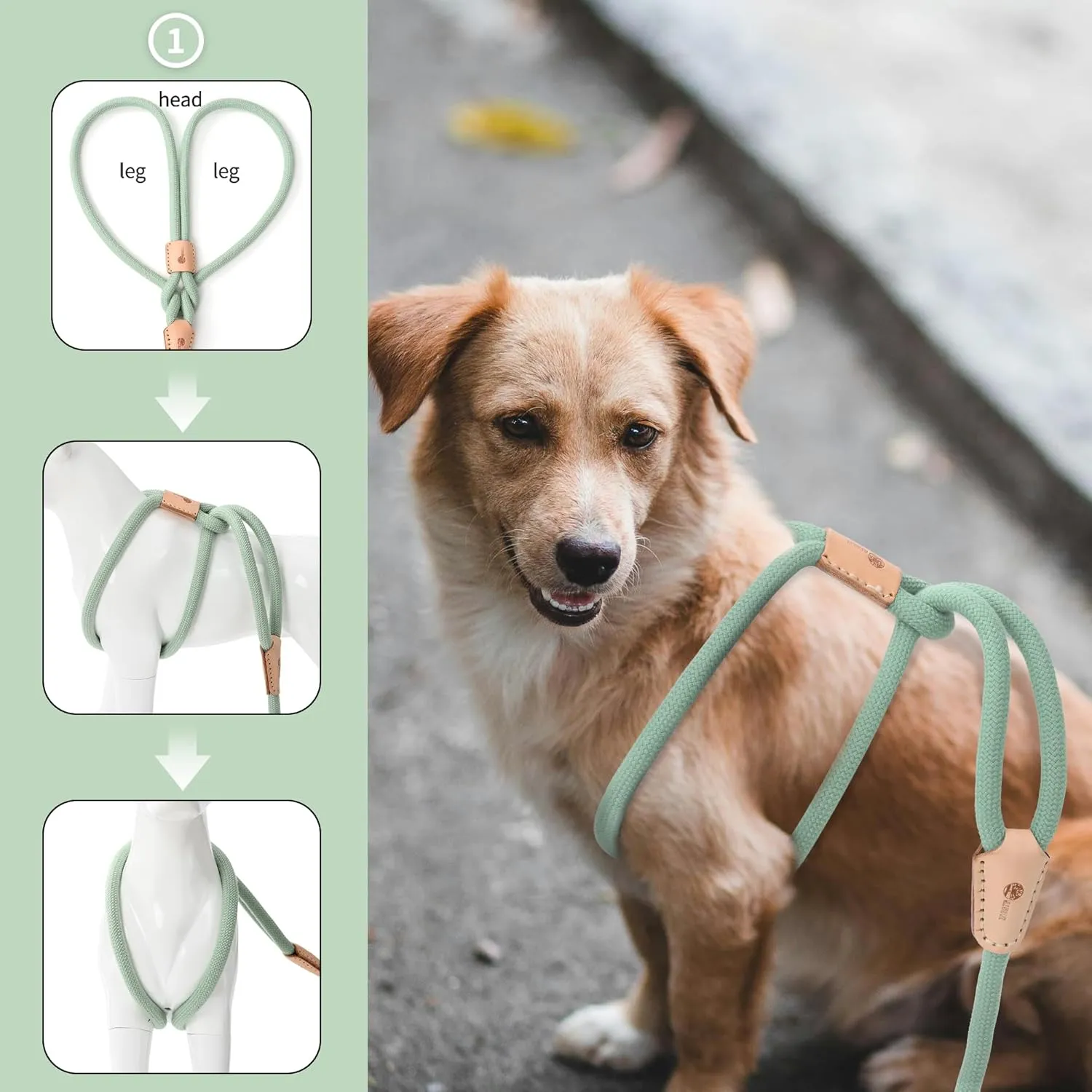 Mile High Life Harness Lead No Pull, All in one Dog Lead 2-in-1, Rope Leash and Harness Two in One, Slip Leash for Puppy Small Dogs Training, 4FT Green