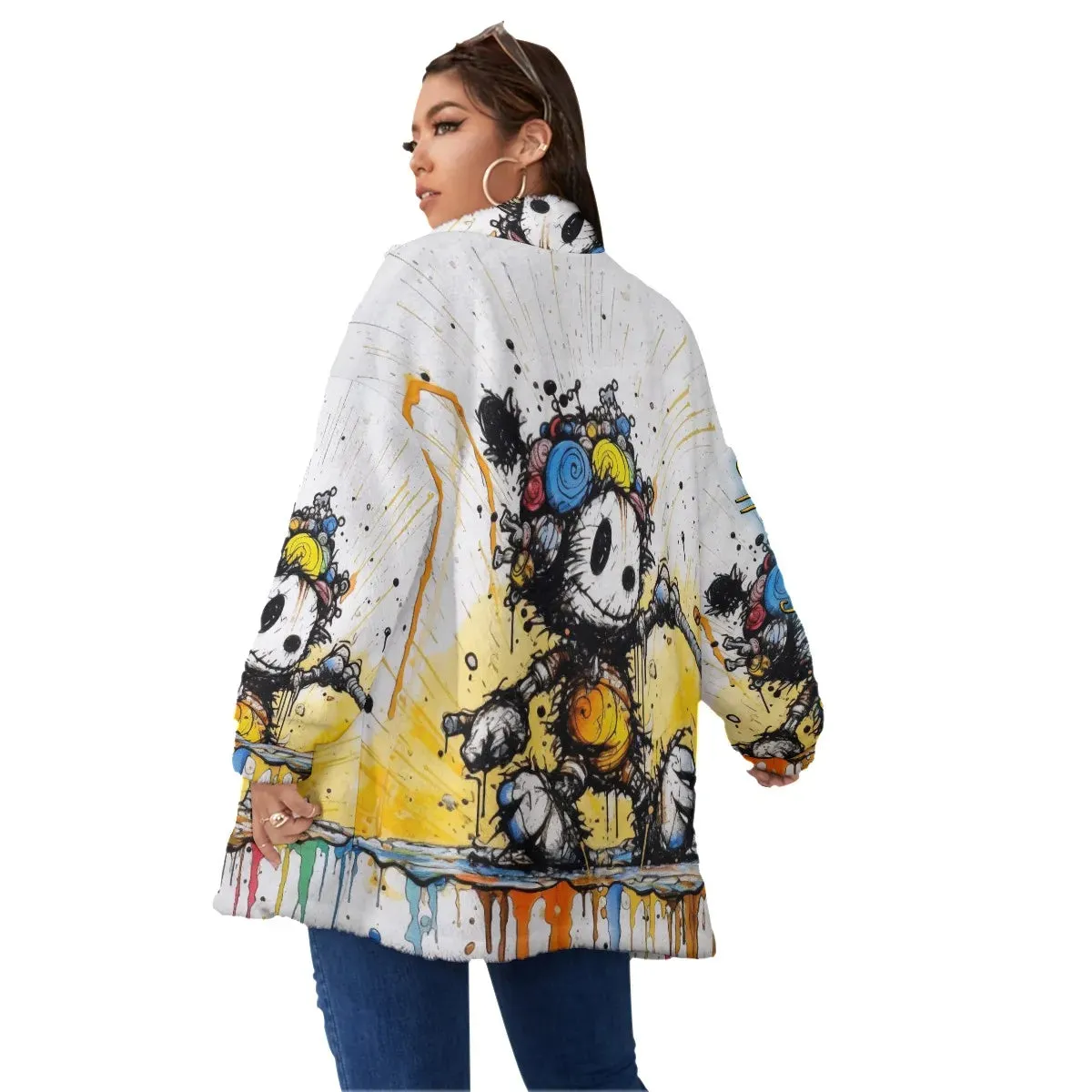 Officially Sexy All-Over Cartoon Print Women's Borg Fleece Stand-up Collar Coat (Plus Size)