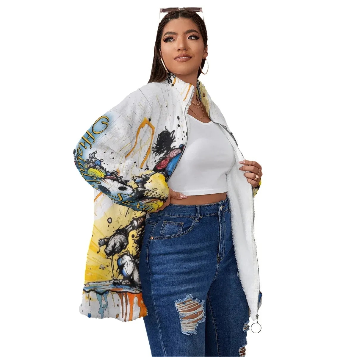 Officially Sexy All-Over Cartoon Print Women's Borg Fleece Stand-up Collar Coat (Plus Size)