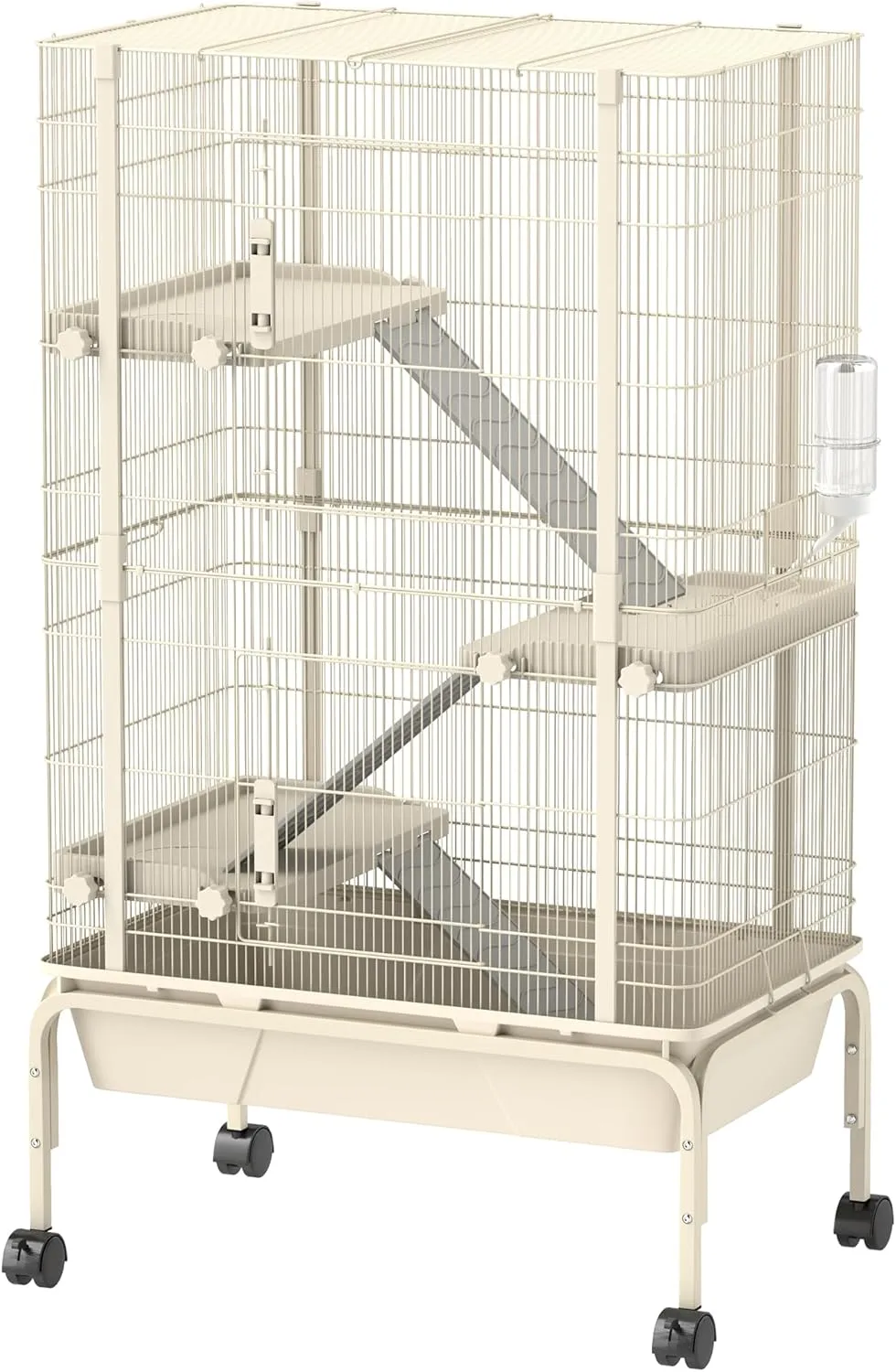 PawHut 47" Small Animal Cage, 4 Levels Large Rolling Metal Ferret Chinchilla Rabbit Cage with 5.9" Deep Tray, 3 Ramps, Water Bottle, Food Dish, for Syrian, Squirrel, Beige