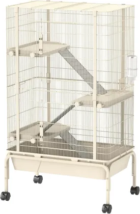 PawHut 47" Small Animal Cage, 4 Levels Large Rolling Metal Ferret Chinchilla Rabbit Cage with 5.9" Deep Tray, 3 Ramps, Water Bottle, Food Dish, for Syrian, Squirrel, Beige