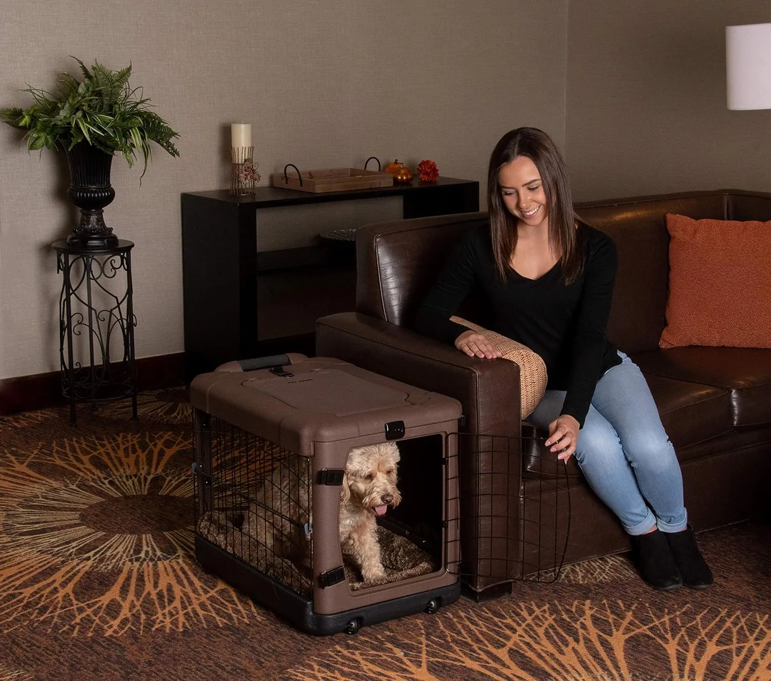 Pet Gear The Other Door 4 Door Steel Crate for Dogs/Cats with Garage-Style Door, Includes Plush Bed   Travel Bag, No Tools Required, Espresso