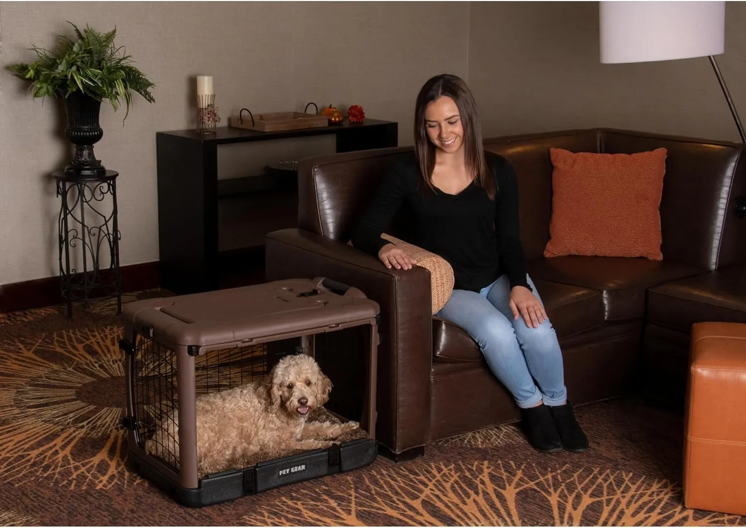 Pet Gear The Other Door 4 Door Steel Crate for Dogs/Cats with Garage-Style Door, Includes Plush Bed   Travel Bag, No Tools Required, Espresso