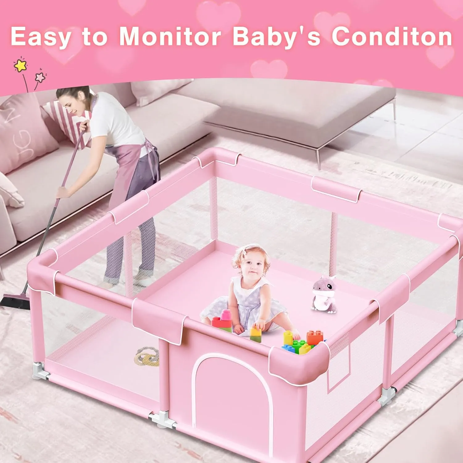 Pink Baby Playpen 50x50 Inches Playpen for Little Princess Play Yards Indoor & Outdoor Sturdy Safety Baby Girls Play Pen with Soft Breathable Mesh Toddlers Activity Center with Anti-Slip Base
