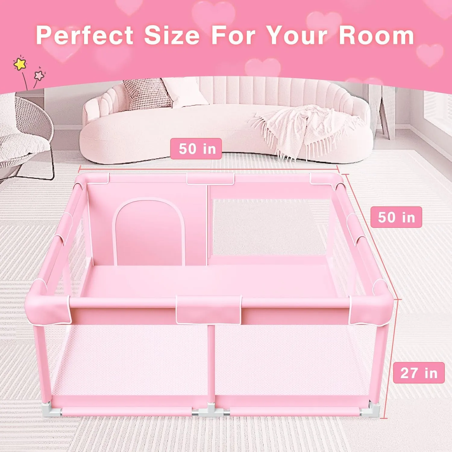 Pink Baby Playpen 50x50 Inches Playpen for Little Princess Play Yards Indoor & Outdoor Sturdy Safety Baby Girls Play Pen with Soft Breathable Mesh Toddlers Activity Center with Anti-Slip Base