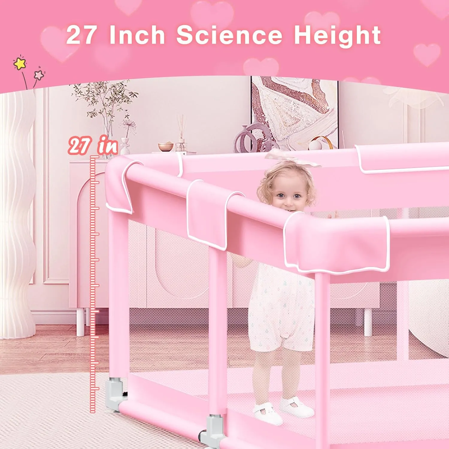 Pink Baby Playpen 50x50 Inches Playpen for Little Princess Play Yards Indoor & Outdoor Sturdy Safety Baby Girls Play Pen with Soft Breathable Mesh Toddlers Activity Center with Anti-Slip Base