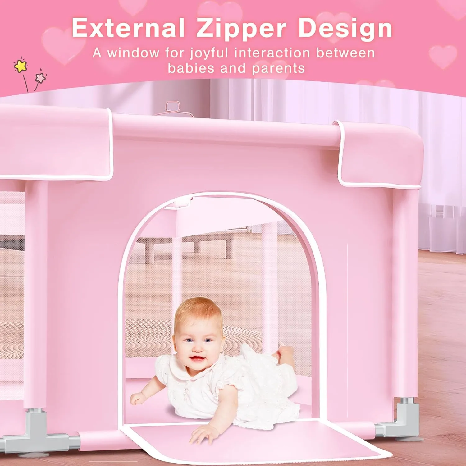 Pink Baby Playpen 50x50 Inches Playpen for Little Princess Play Yards Indoor & Outdoor Sturdy Safety Baby Girls Play Pen with Soft Breathable Mesh Toddlers Activity Center with Anti-Slip Base