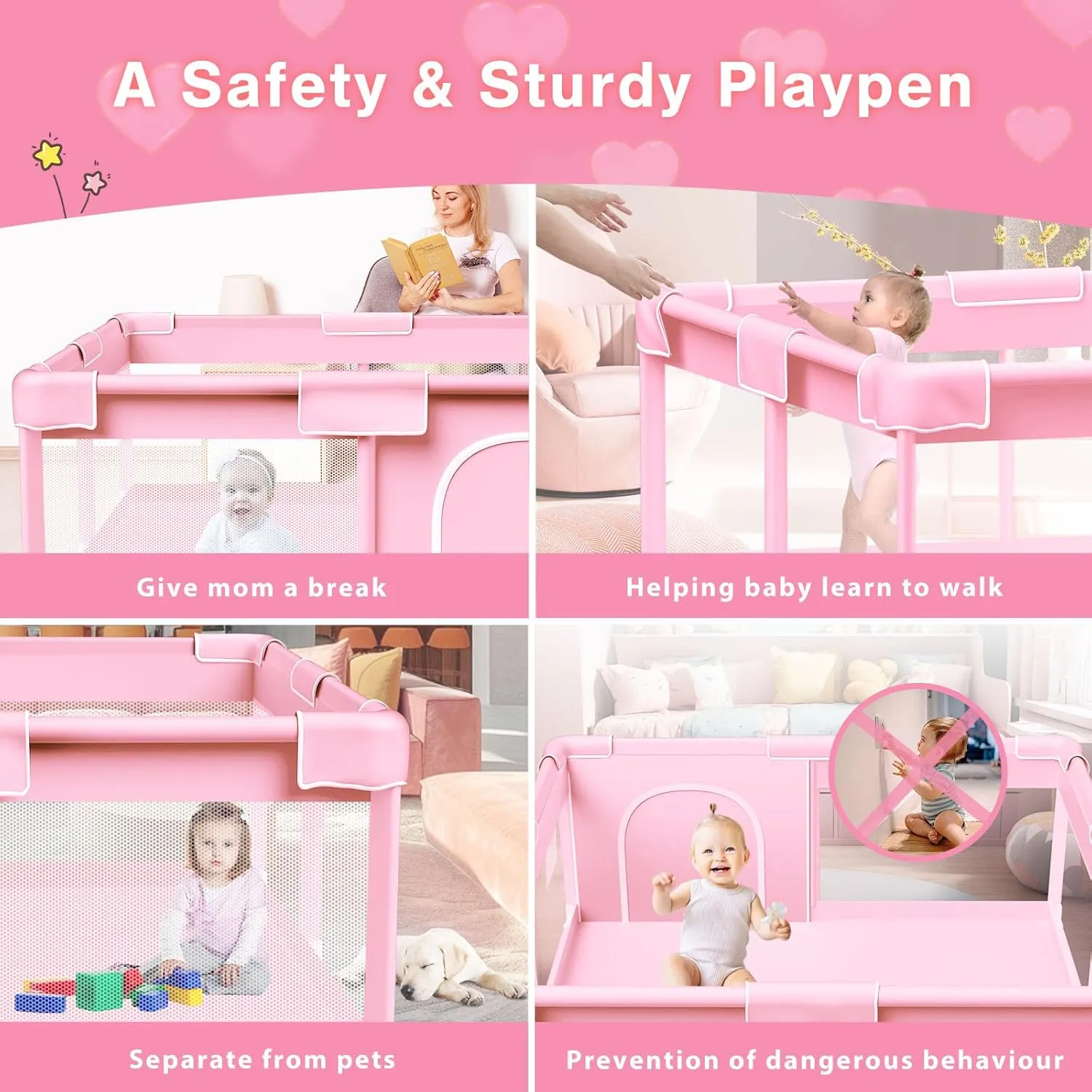 Pink Baby Playpen 50x50 Inches Playpen for Little Princess Play Yards Indoor & Outdoor Sturdy Safety Baby Girls Play Pen with Soft Breathable Mesh Toddlers Activity Center with Anti-Slip Base
