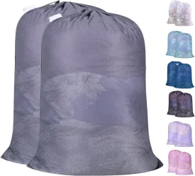 Polecasa Heavy Duty Large Mesh Laundry Bags with ID Tag and Locking Drawstring Closure - 2 Pack, 24 x 36 inches - Laundry Hamper Liner, Washable Laundry Bag for Travel, Sports, Dorms (Grey)