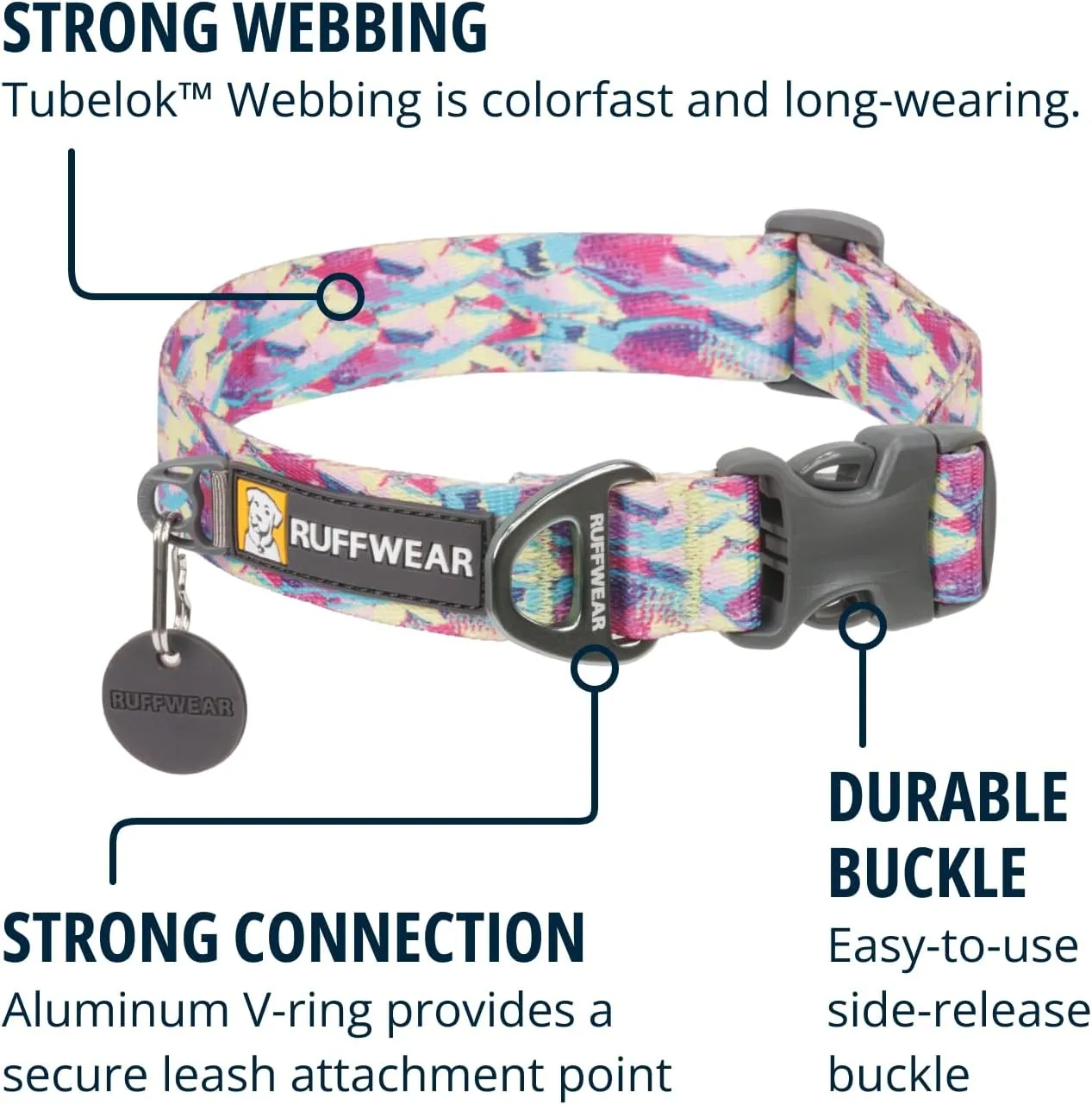 Ruffwear, Front Range Dog Collar, Adjustable Tubelok Webbing, Reflective, Lightweight, Side Release Buckle, Aluminum V-Ring, Durable for Everyday Use, River Rock Green, 14"-20"