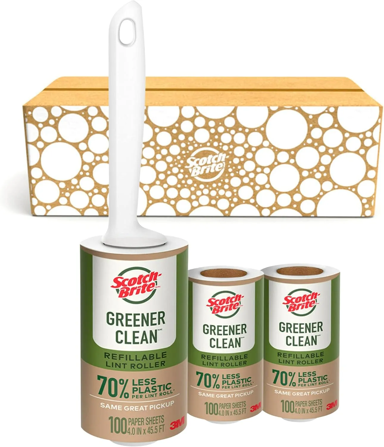 Scotch-Brite Greener Clean Lint Roller, Reusable Lint Rollers for Clothes, Furniture, and Pet Hair, Tidy Up Fabrics with a More Sustainable Fuzz Remover, 1 Roller, 2 Refills