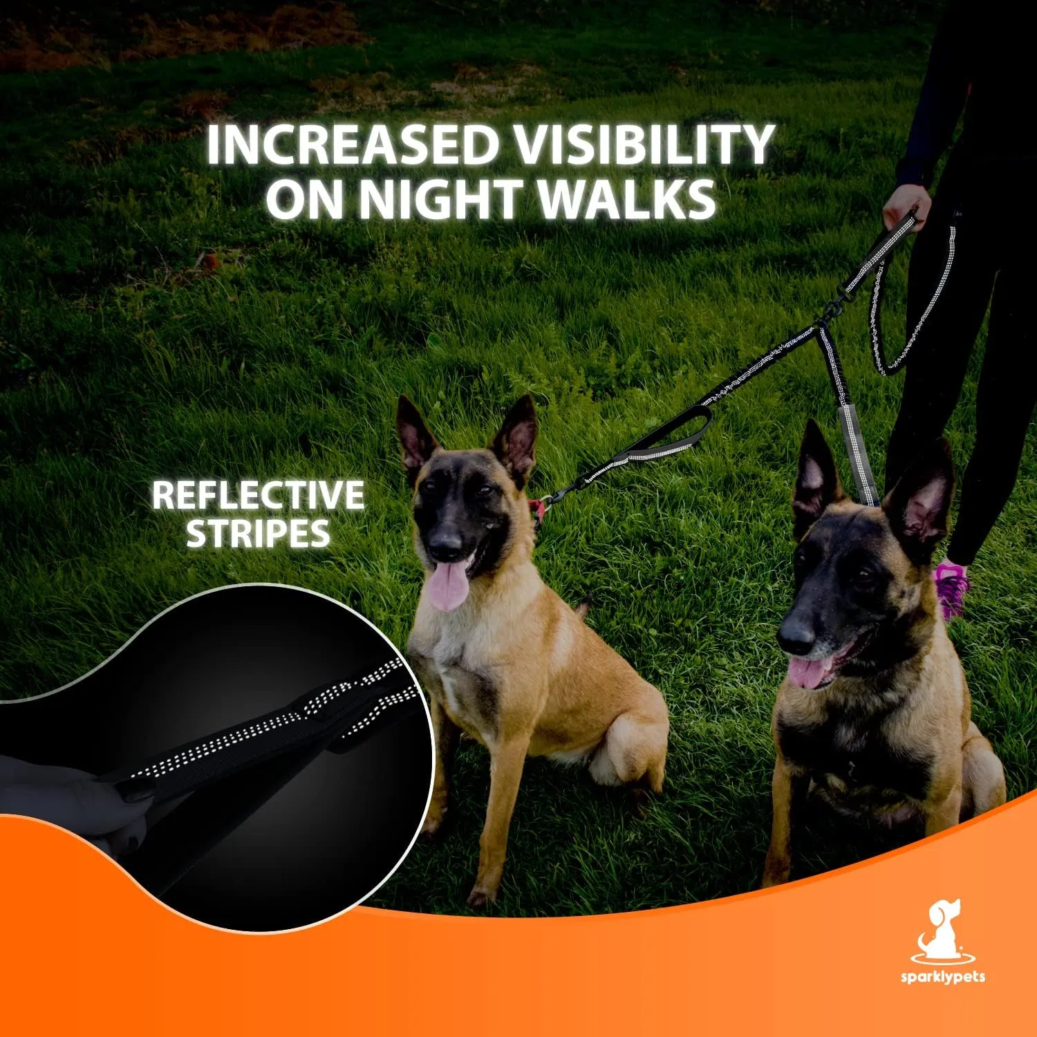 SparklyPets Hands Free Dog Leash for Medium and Large Breeds  Professional Harness with Reflective Stitches for Training, Walking, Jogging and Running Your Pet (Gray, for 2 Dogs Only Coupler)
