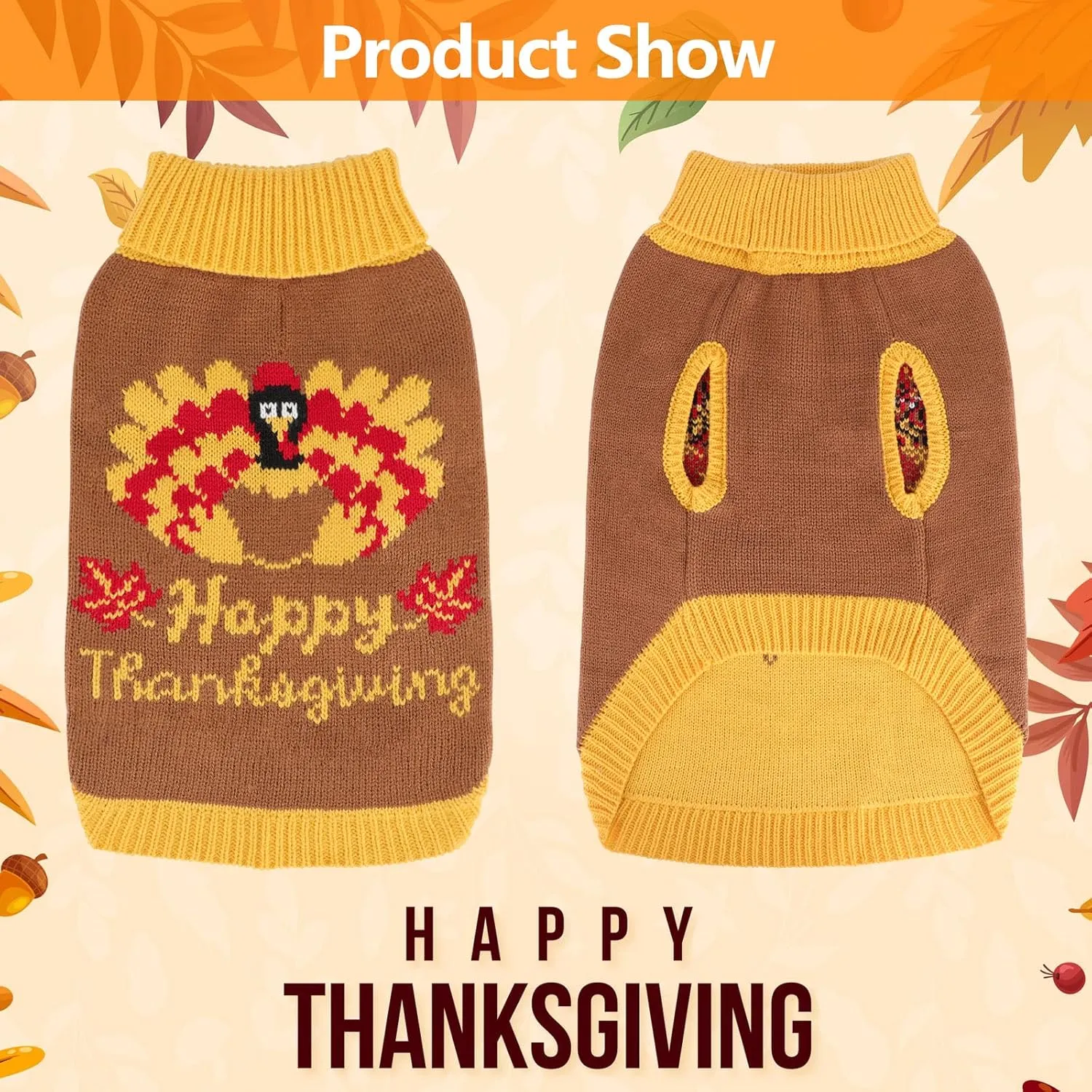 Thanksgiving Knitted Dog Turtleneck Sweater Dog Sweaters Turkey Warm Pullover Sleeveless with Leash Hole for Puppy Doggy Doggie Yorkshire Chihuahua Pug(L)