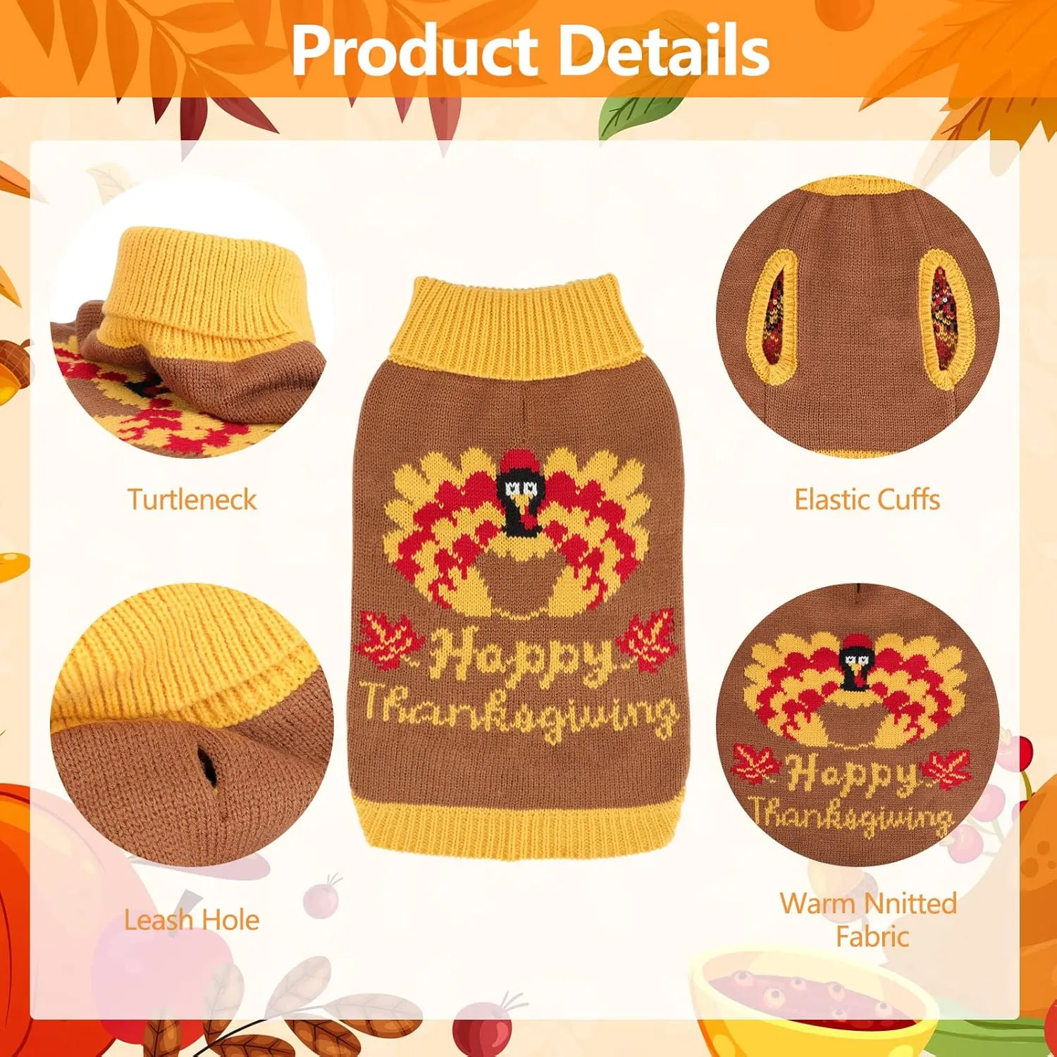 Thanksgiving Knitted Dog Turtleneck Sweater Dog Sweaters Turkey Warm Pullover Sleeveless with Leash Hole for Puppy Doggy Doggie Yorkshire Chihuahua Pug(L)