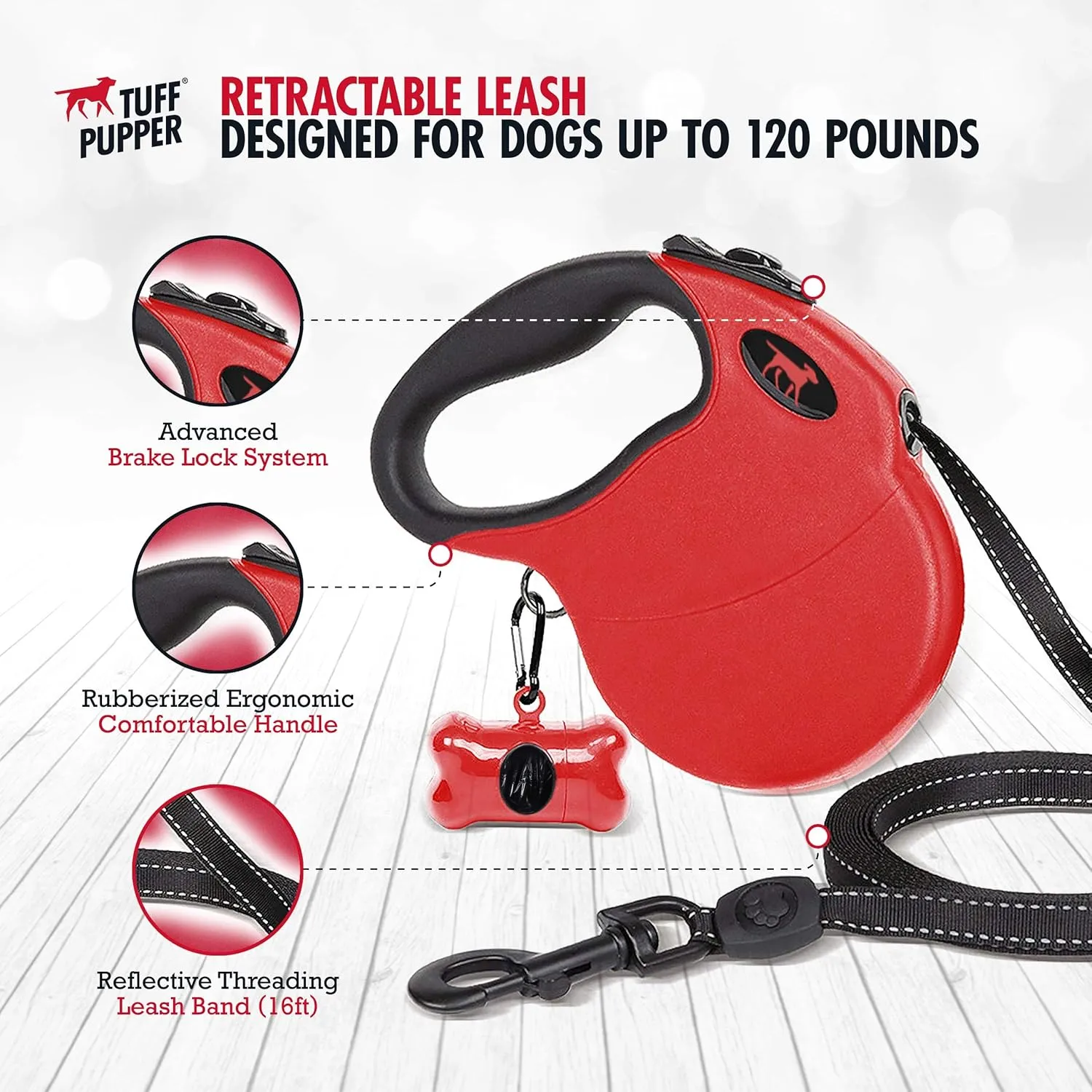 Tuff Pupper Heavy Duty Retractable Dog Leash | 16 ft Dog Leash with Reflective Stitching for Nighttime Safety | One Button Lock and Release | Comfortable Hand Grip | for Dogs Up to 120 lbs