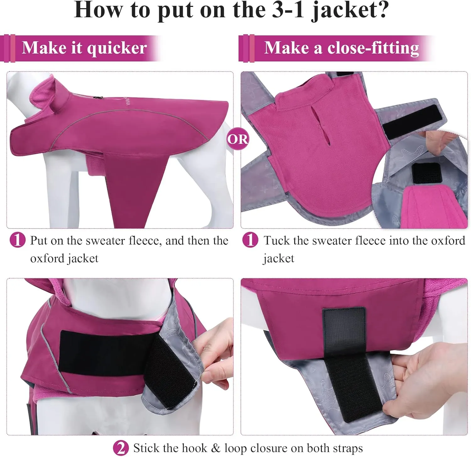VIVAGLORY 3-in-1 Dog Coats - Lined with Fleece, Reflective Water-Resistant Cold Weather Dog Coats, Wind Breaker, Warm Sweater with Leash Portal
