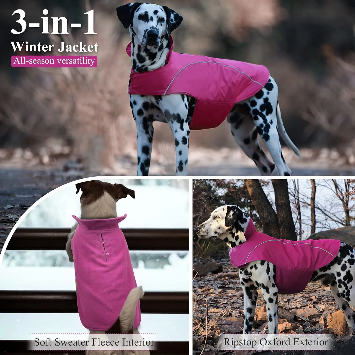 VIVAGLORY 3-in-1 Dog Coats - Lined with Fleece, Reflective Water-Resistant Cold Weather Dog Coats, Wind Breaker, Warm Sweater with Leash Portal