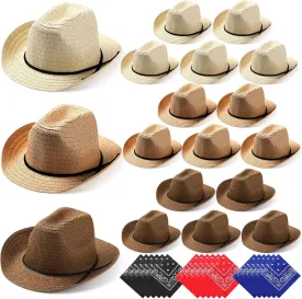 Zhanmai 18 Set Cowboy Hats and Bandanas Set - Straw Hats, Western Bandanas, Party Cowboy Costume Accessories