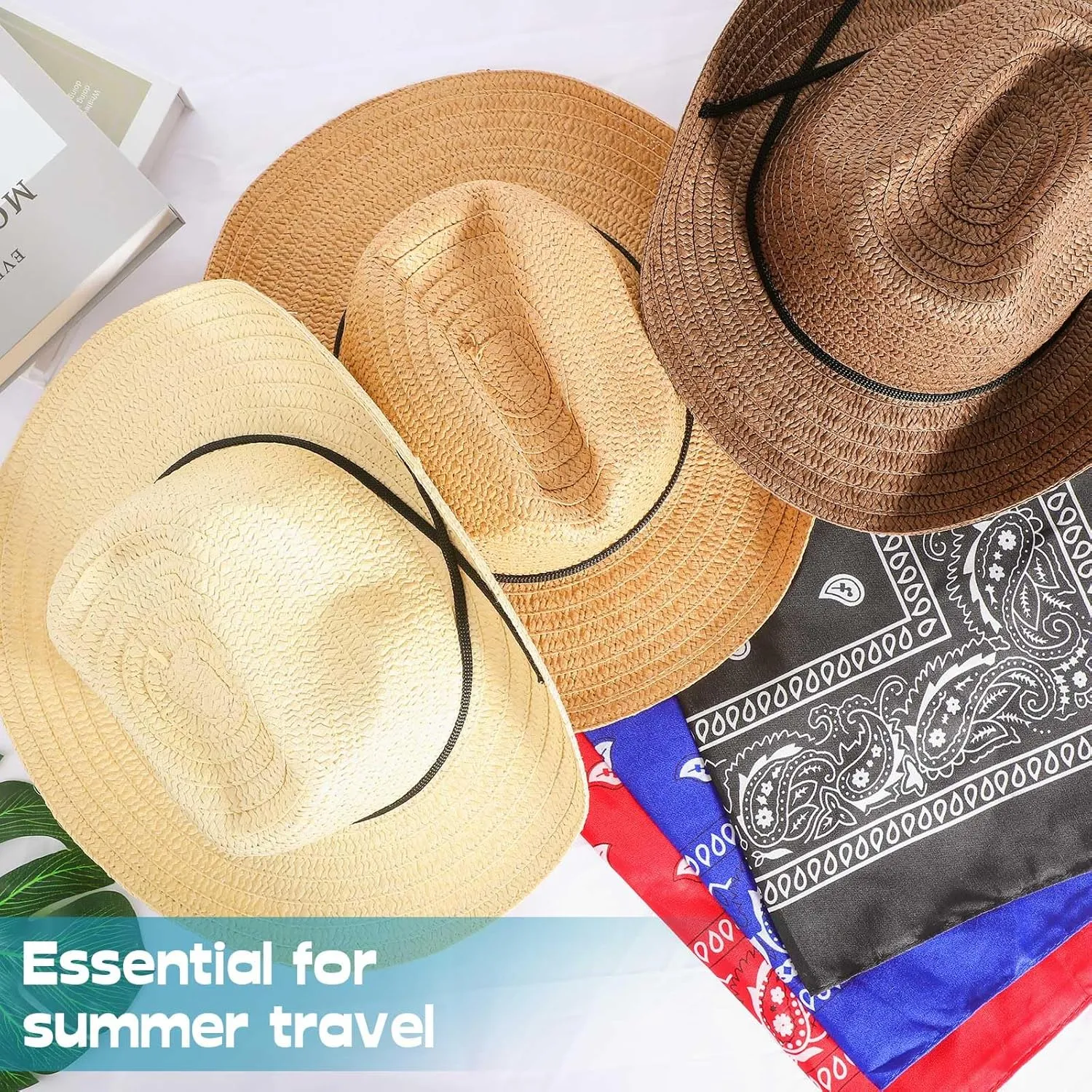 Zhanmai 18 Set Cowboy Hats and Bandanas Set - Straw Hats, Western Bandanas, Party Cowboy Costume Accessories