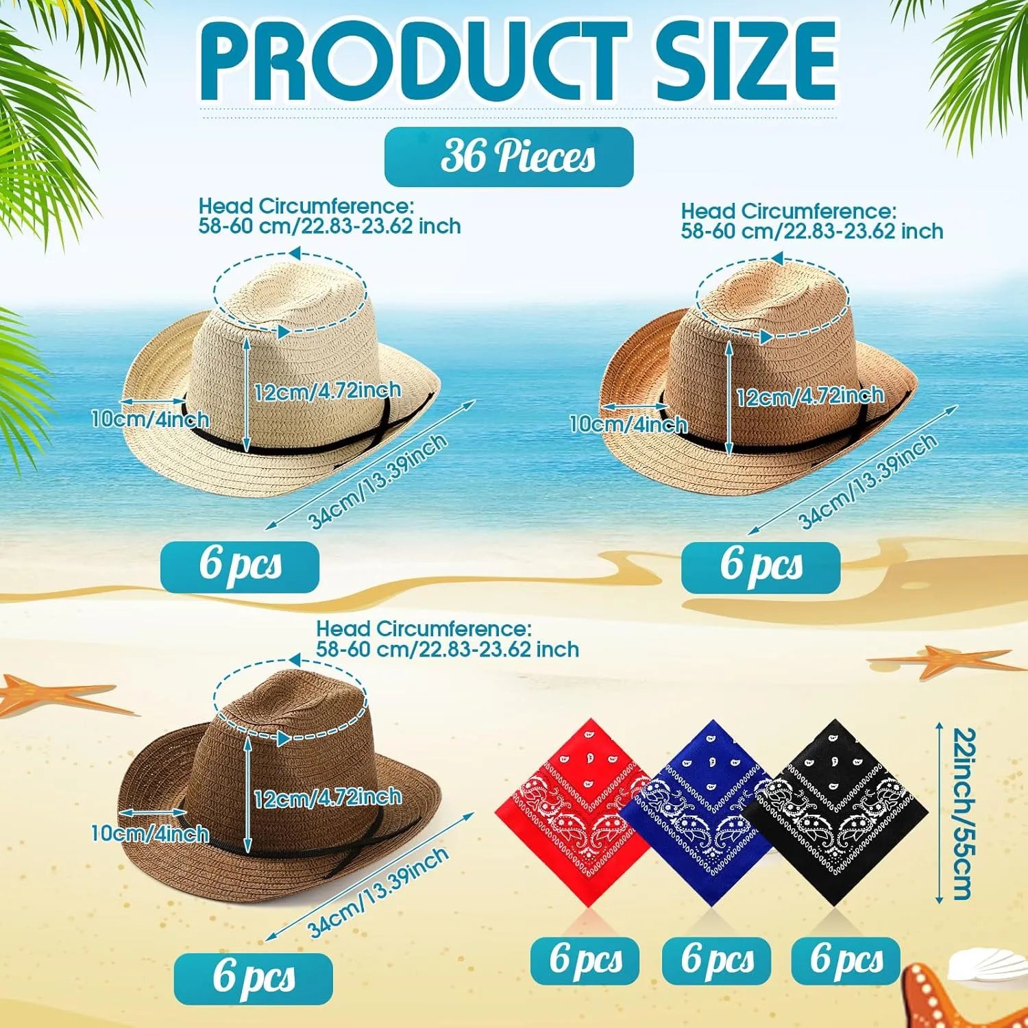Zhanmai 18 Set Cowboy Hats and Bandanas Set - Straw Hats, Western Bandanas, Party Cowboy Costume Accessories