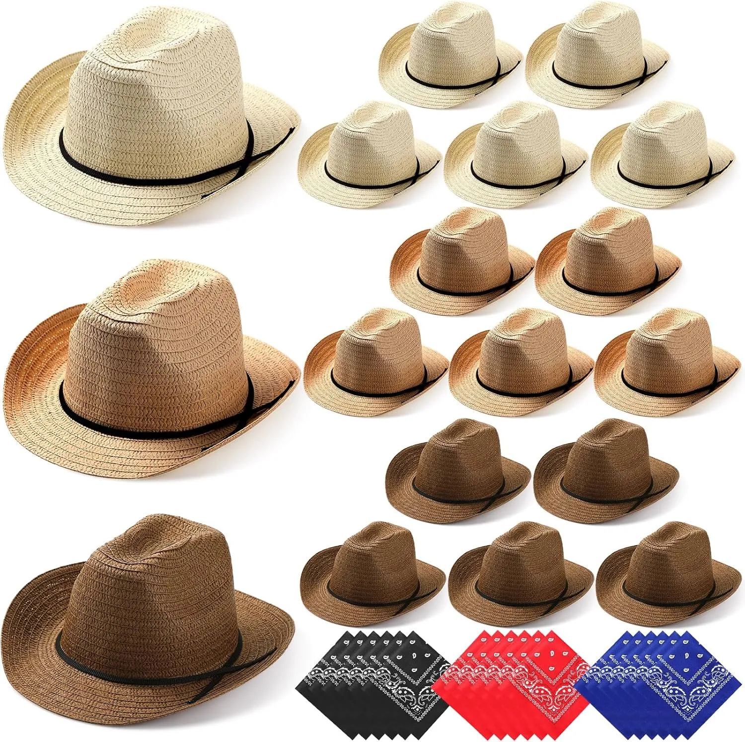 Zhanmai 18 Set Cowboy Hats and Bandanas Set - Straw Hats, Western Bandanas, Party Cowboy Costume Accessories